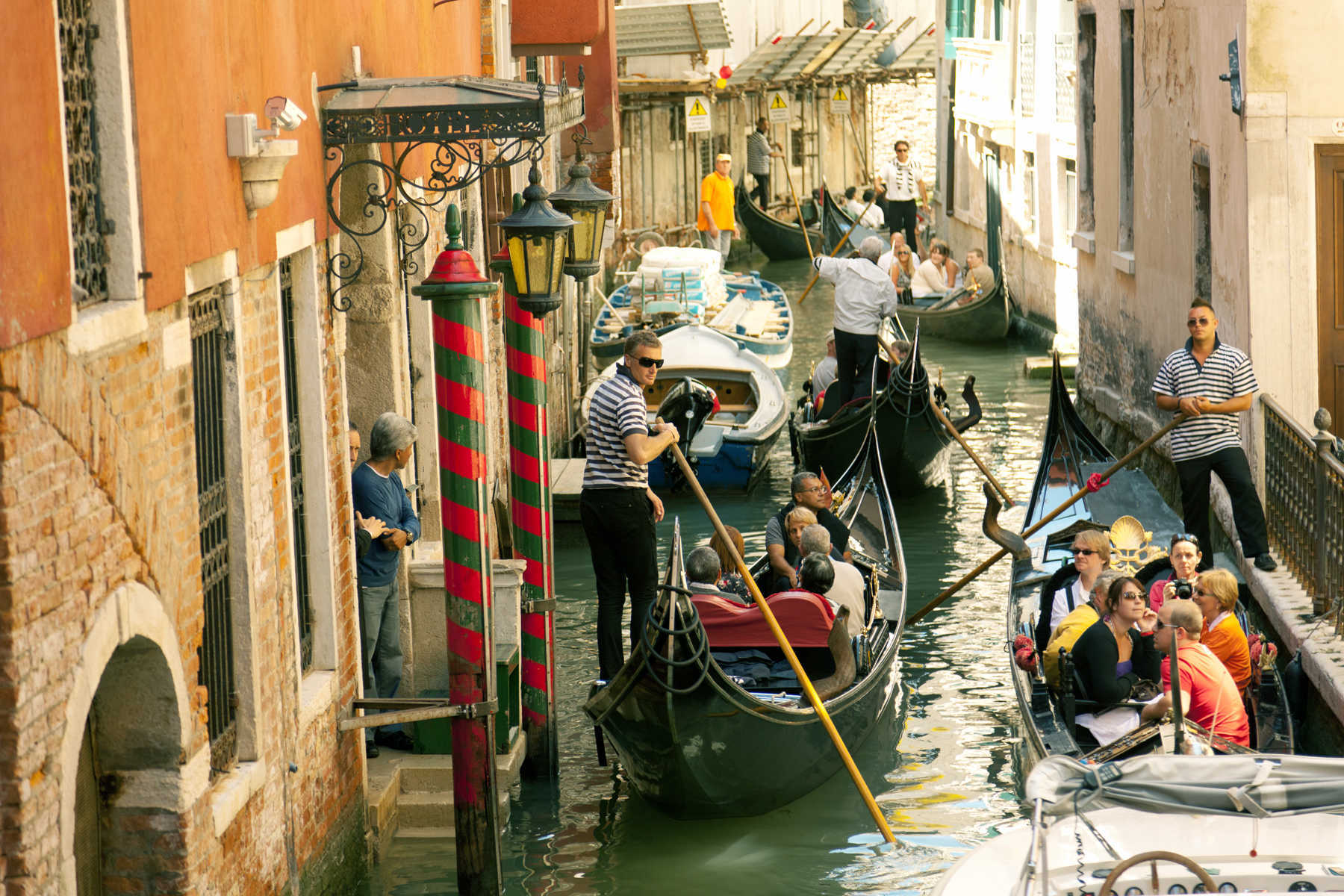 Gondolas in Narrow Canal, Venice, Italy