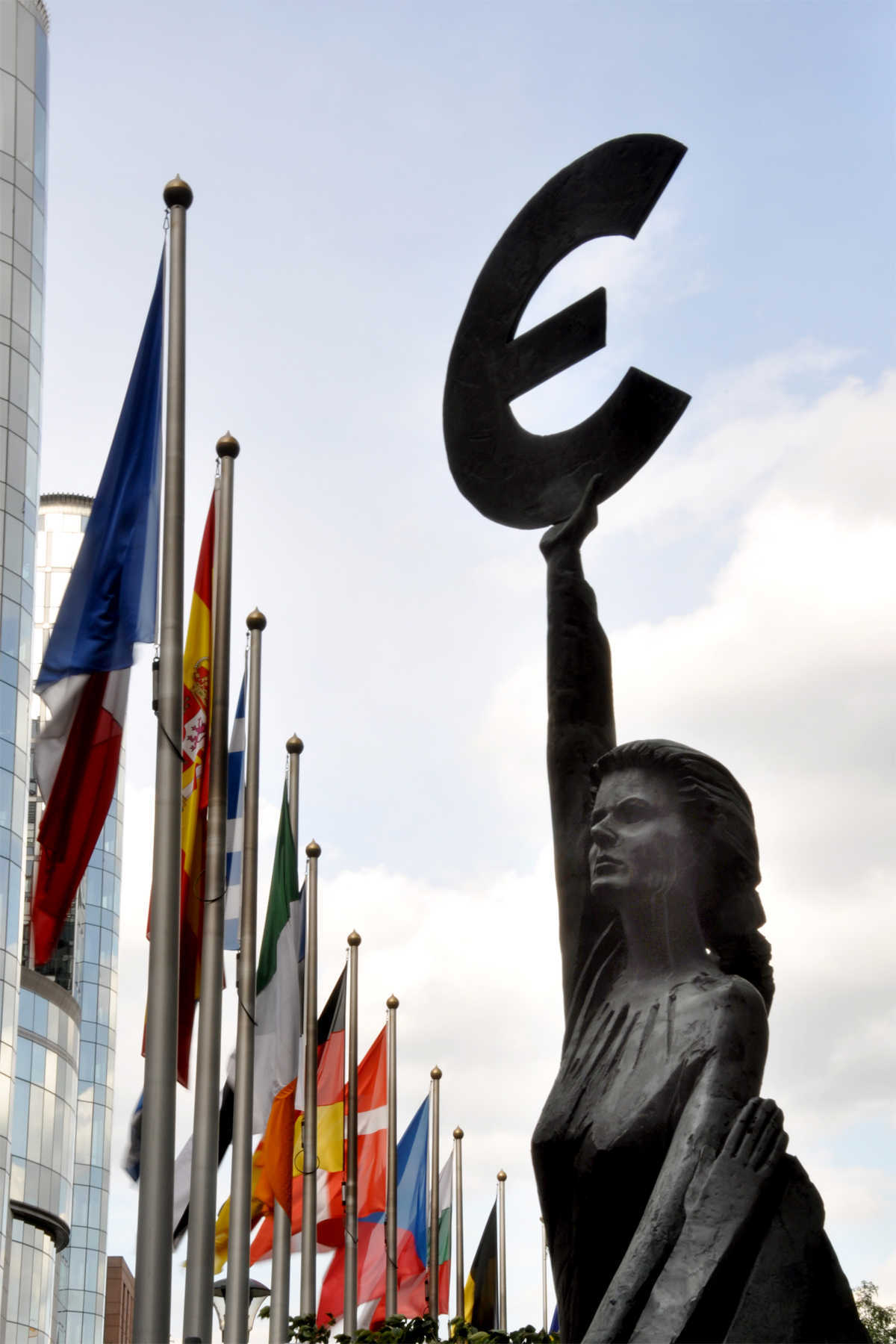Euro Statue and Flags, European Parliament, Brussels, Belgium