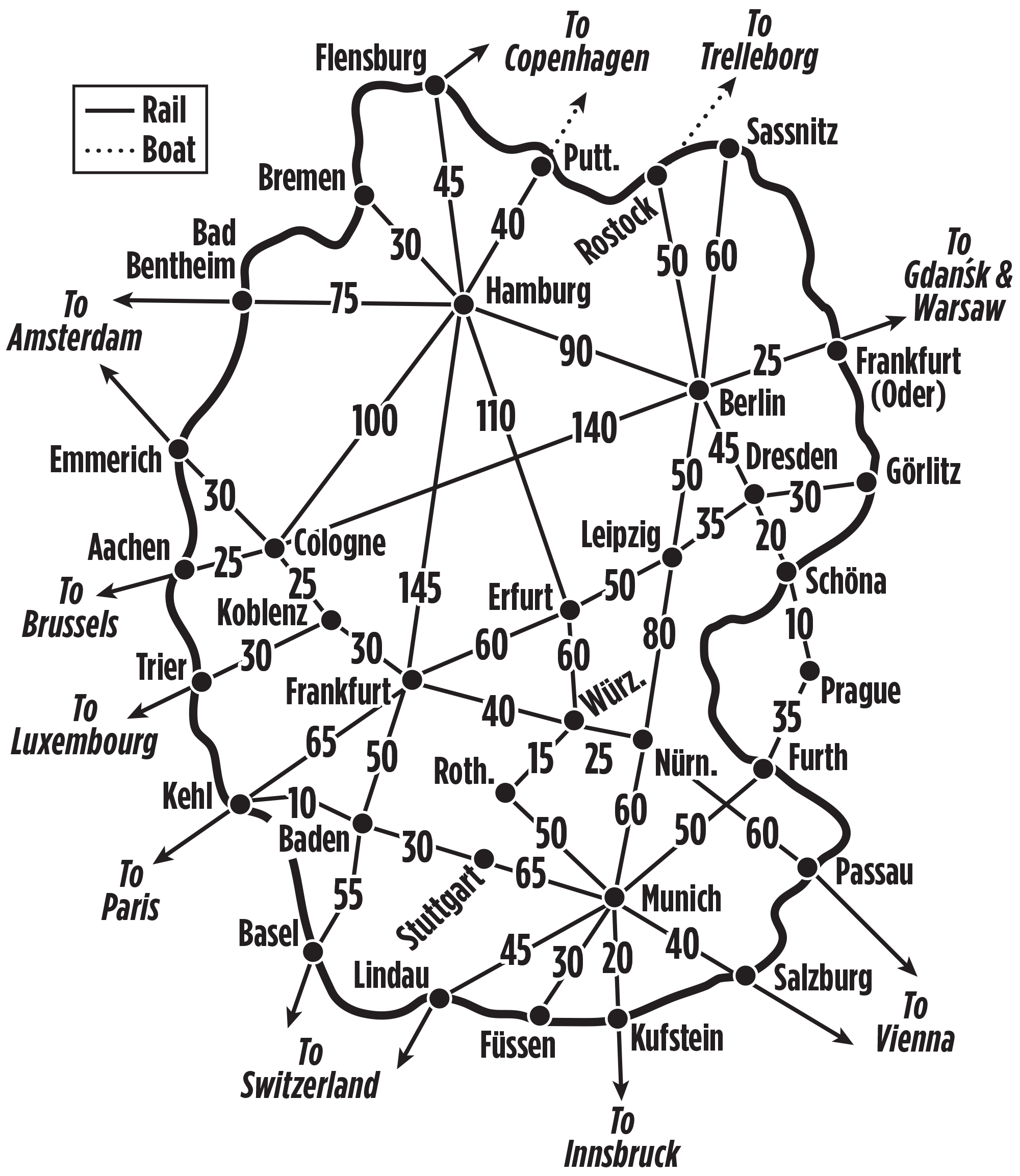 Europe railway map with travel times –