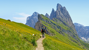 Hiking path along the Seceda ridgeline in Italy's Dolomites